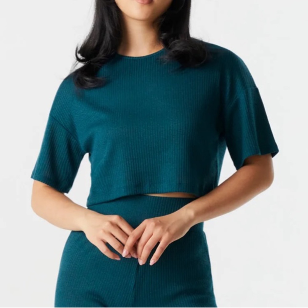 Ribbed Cropped Top Shirt Light Knit Oversized Vintage Green Aqua Crop Boxy Tee S